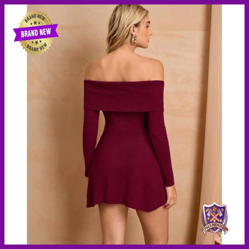 Off Shoulder Long Sleeve Mini Dress Knit A-Line Ruffle Cocktail - Picture 4 of 7